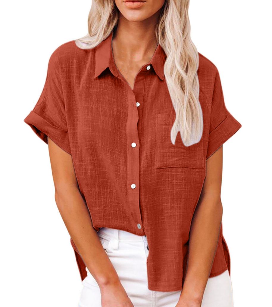 The new summer in Europe and the United States sell women's solid color shirt short-sleeved cotton loose casual shirt