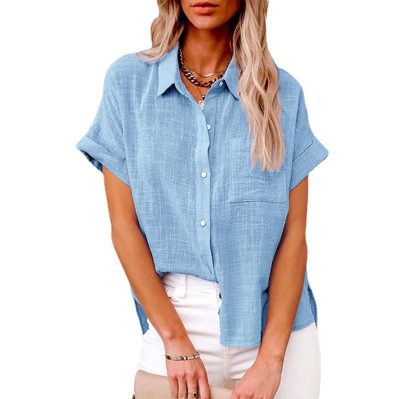 The new summer in Europe and the United States sell women's solid color shirt short-sleeved cotton loose casual shirt
