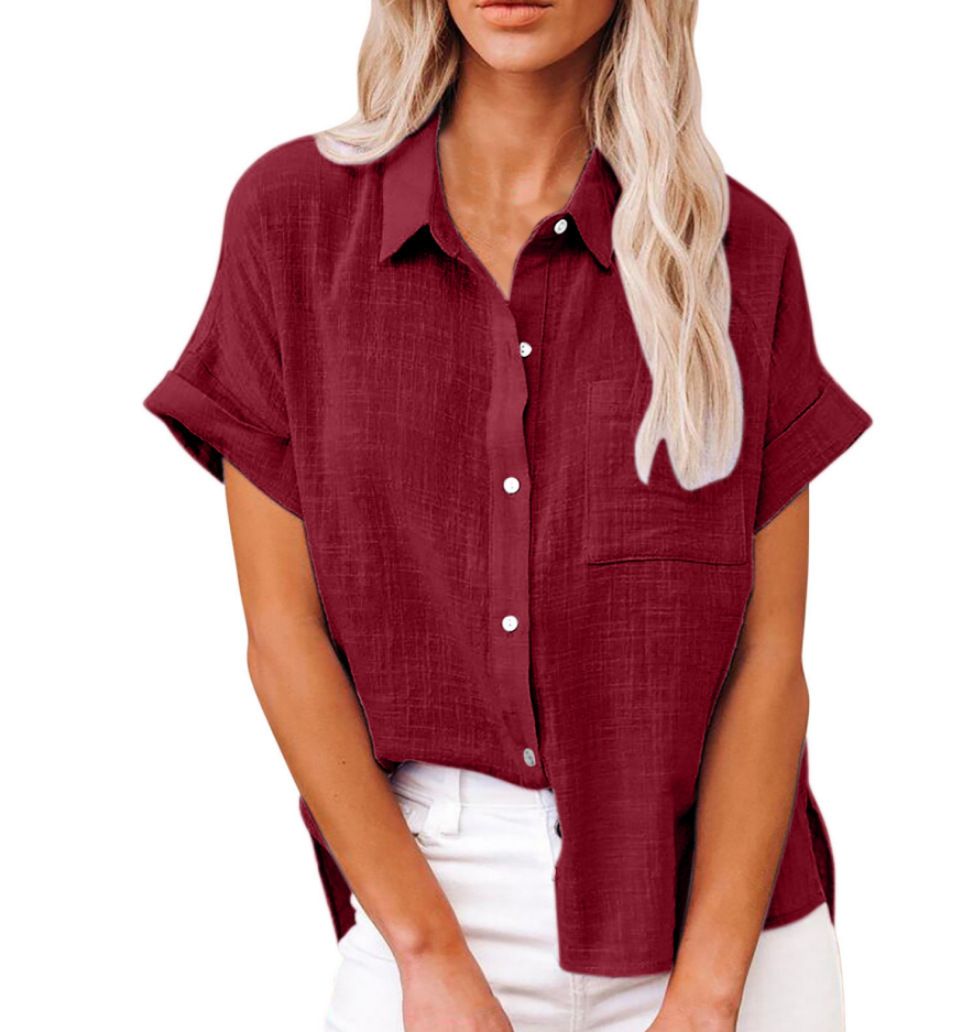 The new summer in Europe and the United States sell women's solid color shirt short-sleeved cotton loose casual shirt