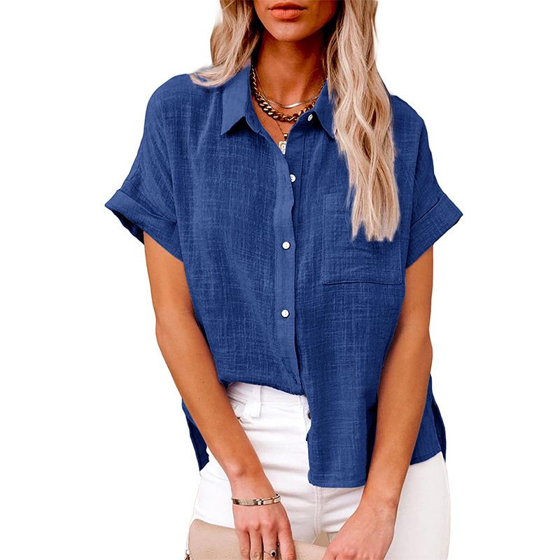 The new summer in Europe and the United States sell women's solid color shirt short-sleeved cotton loose casual shirt