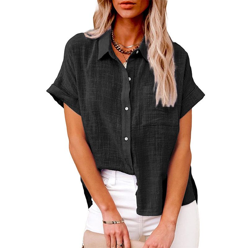 The new summer in Europe and the United States sell women's solid color shirt short-sleeved cotton loose casual shirt