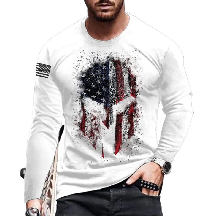 New casual T-shirt men's long sleeve round neck 3D print fashion puller men's T-shirt