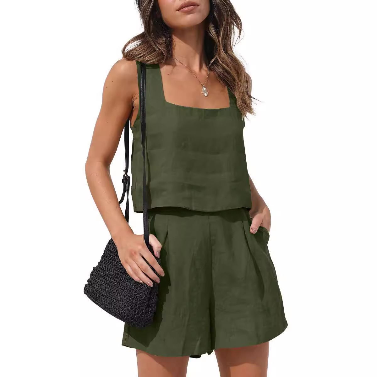 2025 new European and American explosive style women's 2 - piece casual suit linen shorts sleeveless top vest