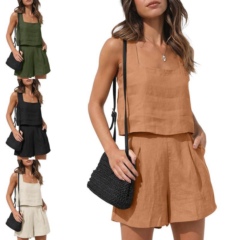 2025 new European and American explosive style women's 2 - piece casual suit linen shorts sleeveless top vest