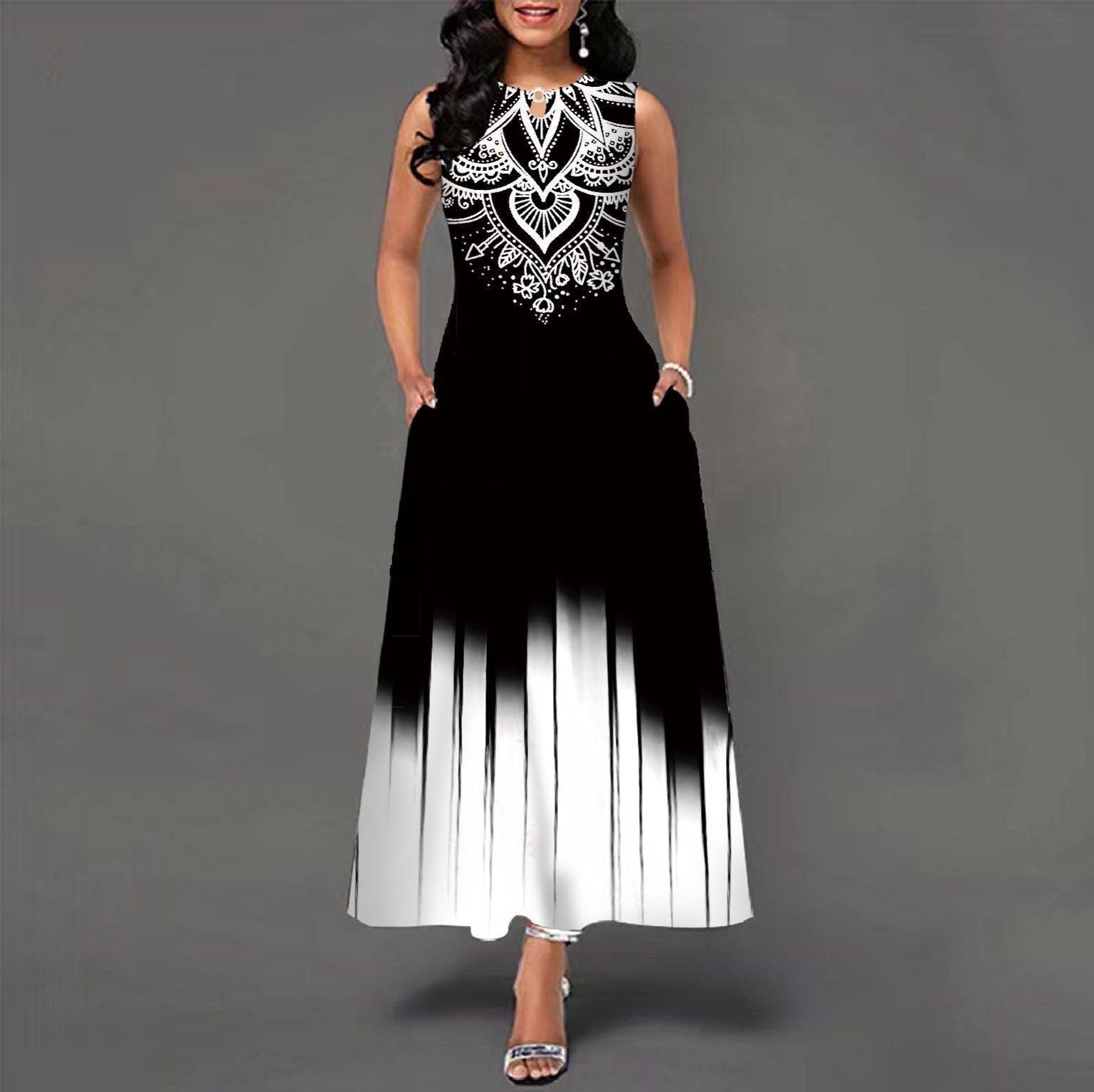 Best-selling printed dress for women in Europe and America, long style, women's dress, sleeveless with pockets, casual dress