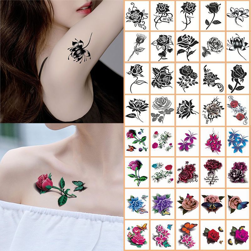 3D tattoo waterproof color black rose flower butterfly personality small fresh tattoo scar female sticker