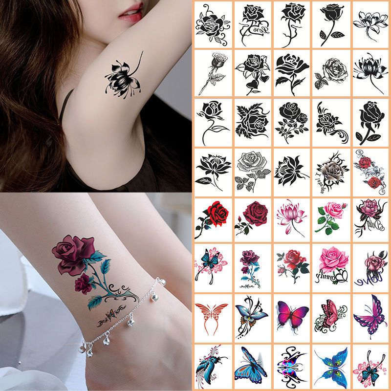 3D tattoo waterproof color black rose flower butterfly personality small fresh tattoo scar female sticker