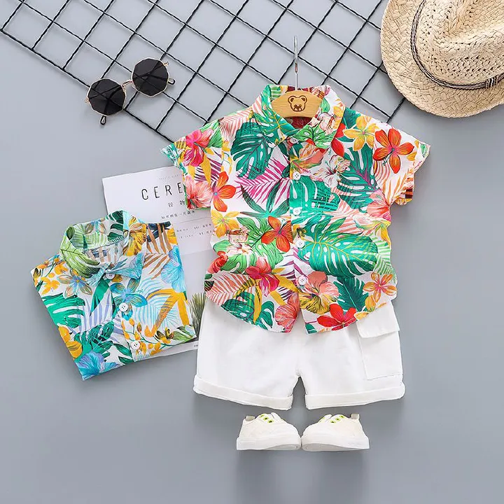 2 pcs summer short-sleeved floral shirt and shorts set for boys aged 0~4. Children's vacation beachwear, casual pants, trendy European/American printed shirt