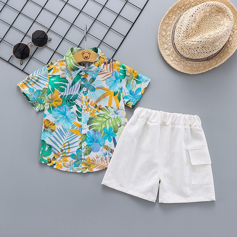 2 pcs summer short-sleeved floral shirt and shorts set for boys aged 0~4. Children's vacation beachwear, casual pants, trendy European/American printed shirt