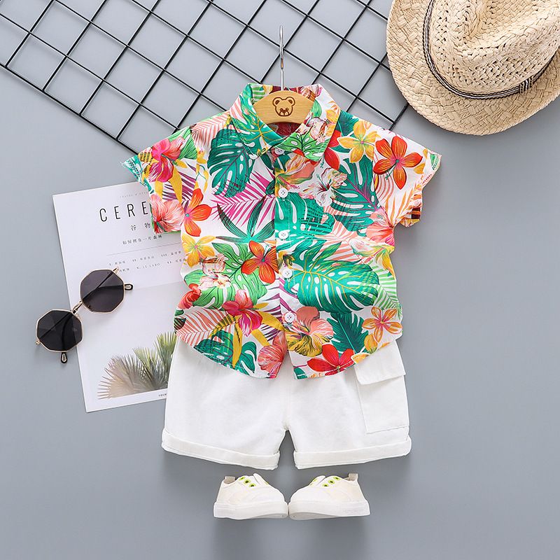 2 pcs summer short-sleeved floral shirt and shorts set for boys aged 0~4. Children's vacation beachwear, casual pants, trendy European/American printed shirt