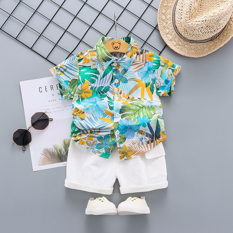2 pcs summer short-sleeved floral shirt and shorts set for boys aged 0~4. Children's vacation beachwear, casual pants, trendy European/American printed shirt