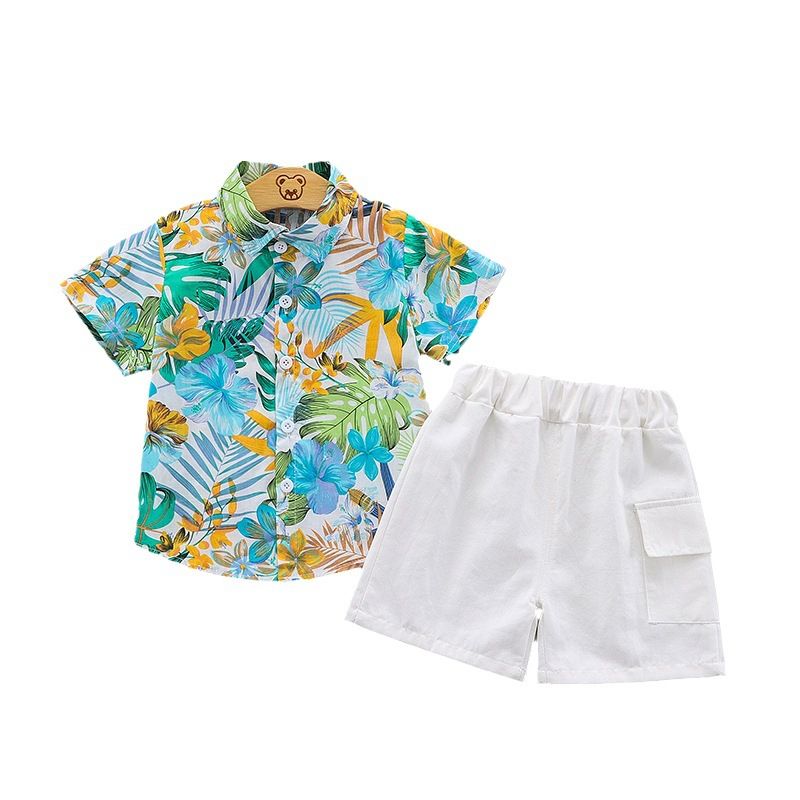2 pcs summer short-sleeved floral shirt and shorts set for boys aged 0~4. Children's vacation beachwear, casual pants, trendy European/American printed shirt
