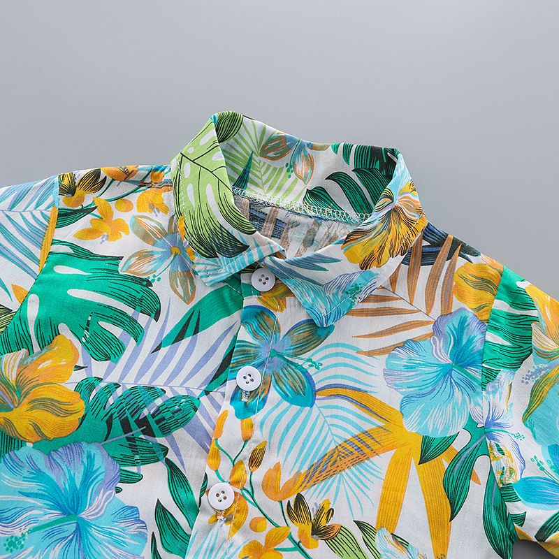 2 pcs summer short-sleeved floral shirt and shorts set for boys aged 0~4. Children's vacation beachwear, casual pants, trendy European/American printed shirt