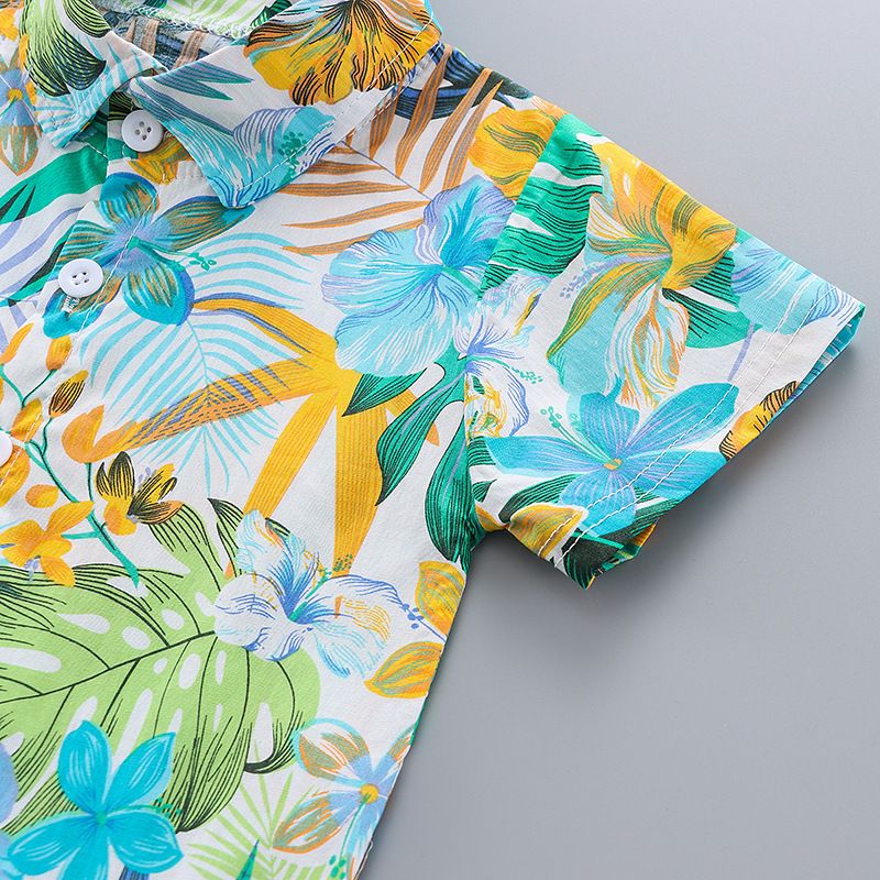 2 pcs summer short-sleeved floral shirt and shorts set for boys aged 0~4. Children's vacation beachwear, casual pants, trendy European/American printed shirt