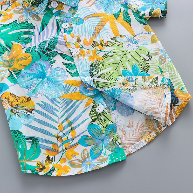 2 pcs summer short-sleeved floral shirt and shorts set for boys aged 0~4. Children's vacation beachwear, casual pants, trendy European/American printed shirt