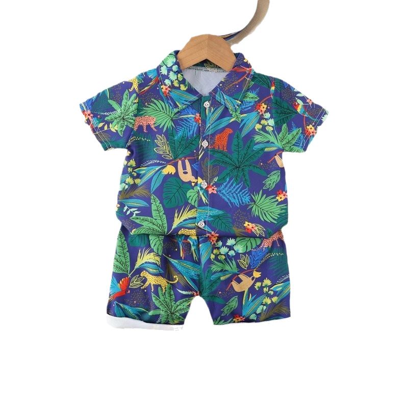 2 pcs boys aged 0-4 years old. Hawaiian style short-sleeved flowered shirt and shorts set. Coconut tree short-sleeved lightweight beach fashionable vacation clothing