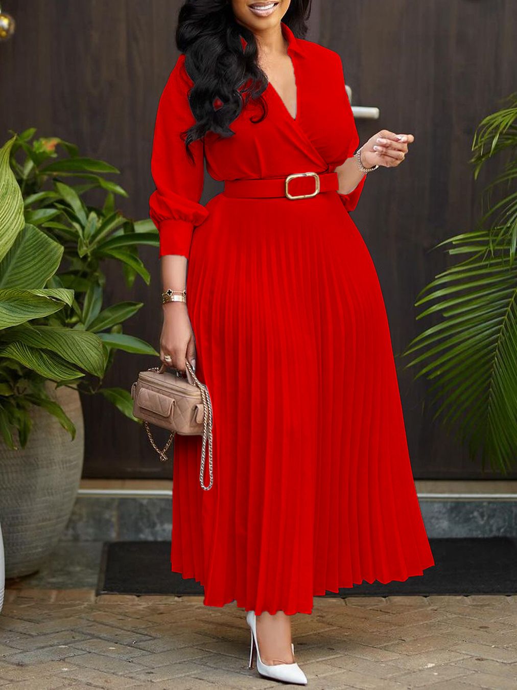 Women's clothing 2025 new fashion temperament pure color large size cross-border dress fashion atmosphere collared wide-sleeved pleated office dress