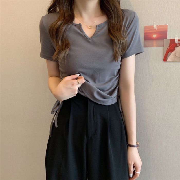 Design-inspired V-neck drawstring fitted pure sensual short-sleeved T-shirt for women, 2025 summer new style, solid color, student-style top, trendy