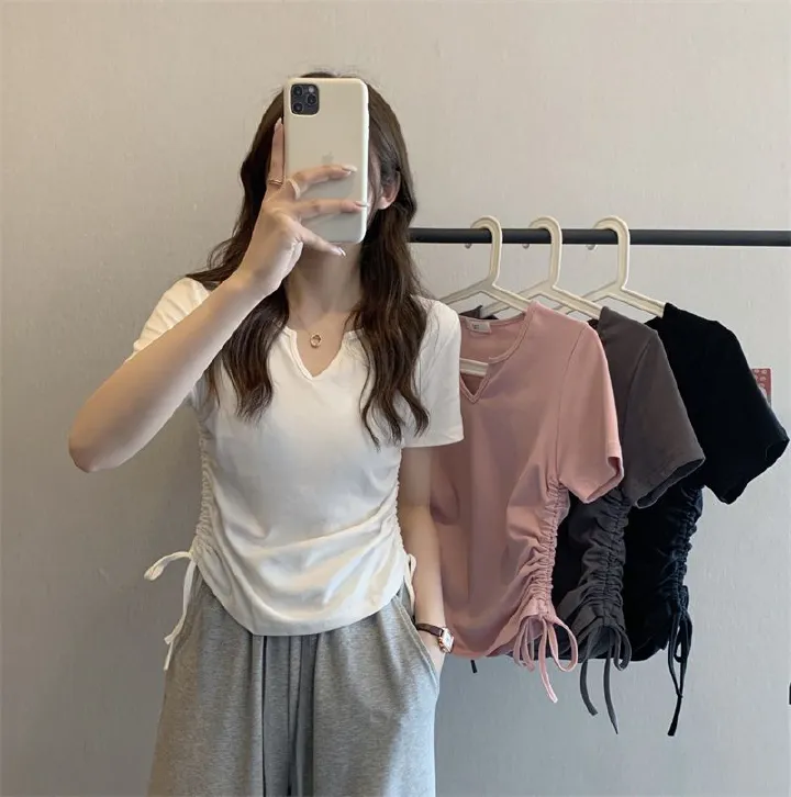 Design-inspired V-neck drawstring fitted pure sensual short-sleeved T-shirt for women, 2025 summer new style, solid color, student-style top, trendy