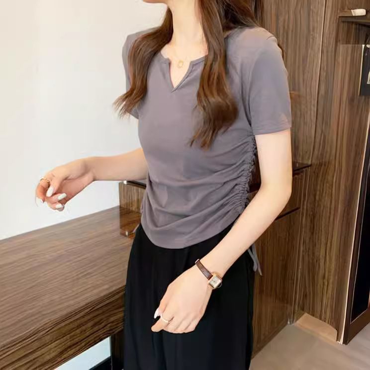 Design-inspired V-neck drawstring fitted pure sensual short-sleeved T-shirt for women, 2025 summer new style, solid color, student-style top, trendy
