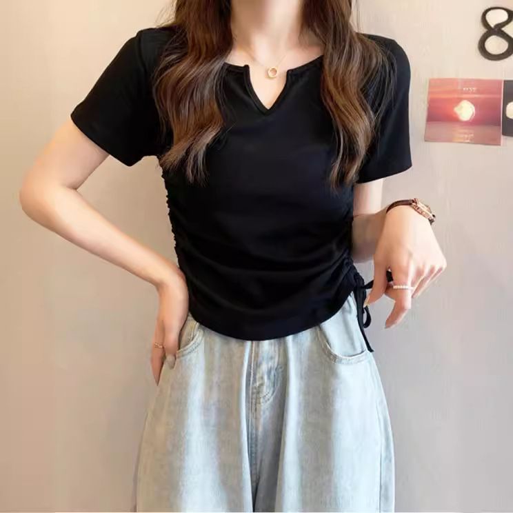 Design-inspired V-neck drawstring fitted pure sensual short-sleeved T-shirt for women, 2025 summer new style, solid color, student-style top, trendy
