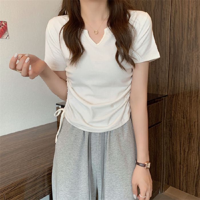Design-inspired V-neck drawstring fitted pure sensual short-sleeved T-shirt for women, 2025 summer new style, solid color, student-style top, trendy