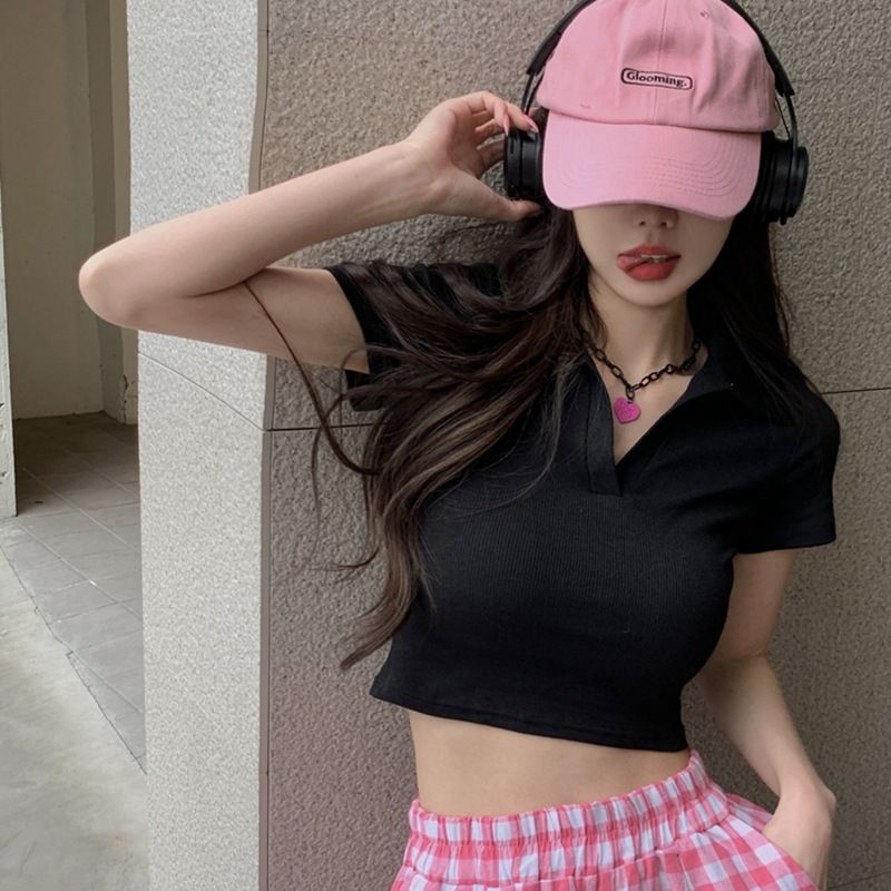 Purely sensual sweet and spicy girl short-sleeved design-oriented student ribbed top for 2025 summer, fitted Polo short-sleeved T-shirt for girls, trendy style