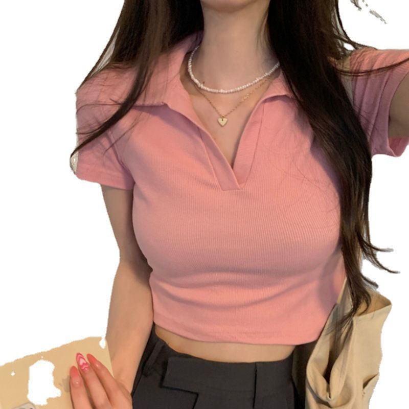 Purely sensual sweet and spicy girl short-sleeved design-oriented student ribbed top for 2025 summer, fitted Polo short-sleeved T-shirt for girls, trendy style