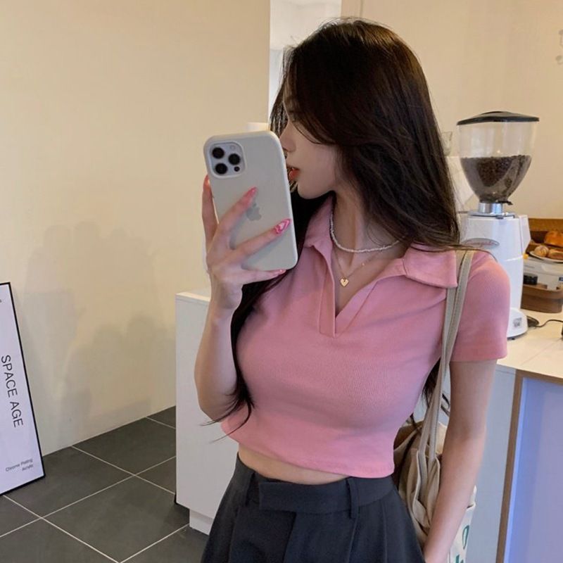 Purely sensual sweet and spicy girl short-sleeved design-oriented student ribbed top for 2025 summer, fitted Polo short-sleeved T-shirt for girls, trendy style