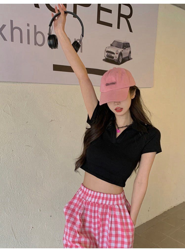 Purely sensual sweet and spicy girl short-sleeved design-oriented student ribbed top for 2025 summer, fitted Polo short-sleeved T-shirt for girls, trendy style