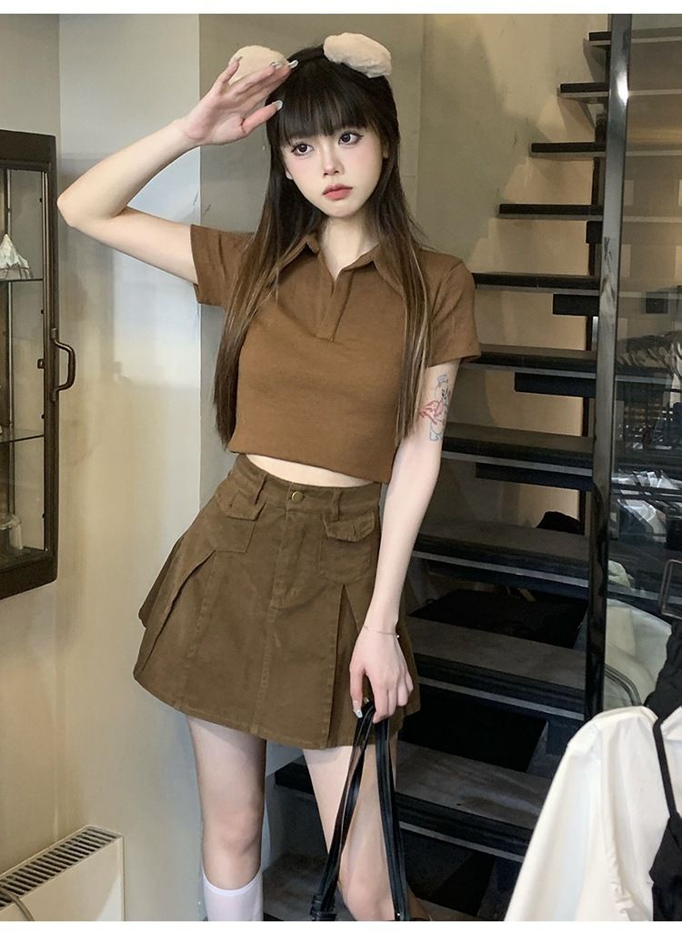 Purely sensual sweet and spicy girl short-sleeved design-oriented student ribbed top for 2025 summer, fitted Polo short-sleeved T-shirt for girls, trendy style
