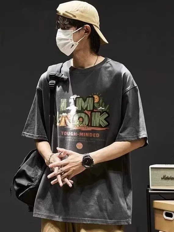 Pure 100% cotton ins trendy top for boys, round neck, short sleeves, versatile T-shirt with student print, casual summer loose short sleeves