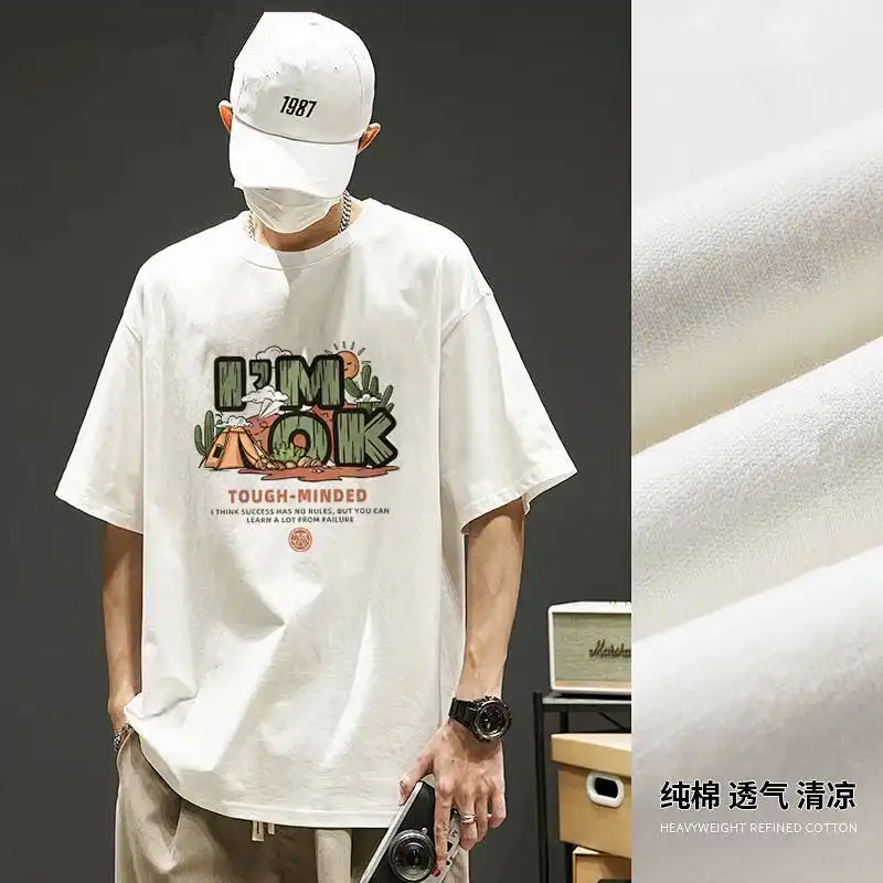 Pure 100% cotton ins trendy top for boys, round neck, short sleeves, versatile T-shirt with student print, casual summer loose short sleeves