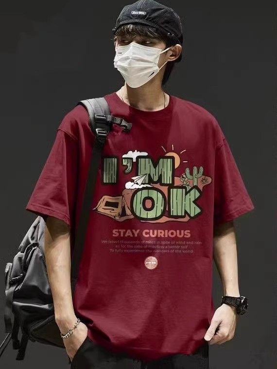 Pure 100% cotton ins trendy top for boys, round neck, short sleeves, versatile T-shirt with student print, casual summer loose short sleeves