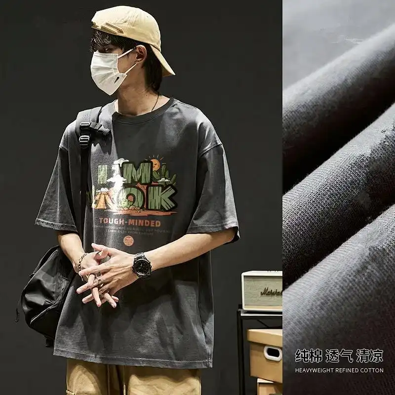 Pure 100% cotton ins trendy top for boys, round neck, short sleeves, versatile T-shirt with student print, casual summer loose short sleeves