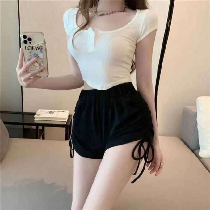 2026 Summer Short Women's High-Waisted Slim-Fitting Wide Leg Pants with Designated Drawstrings - Stylish Hot Pants for Girls, Suitable for Daily Wear and Outdoor Wearing, Women's Casual Pants