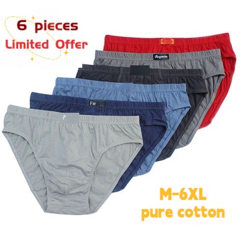 6 pcs pure cotton men's underwear - pure cotton trunks with elastic waist, youth-style pants, loose crotch, plus oversized, overweight bottom pants