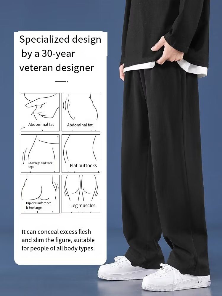 Men's summer straight-leg ice silk trousers, solid color, simple, loose, large size, draping, floor-length pants, Hong Kong style.