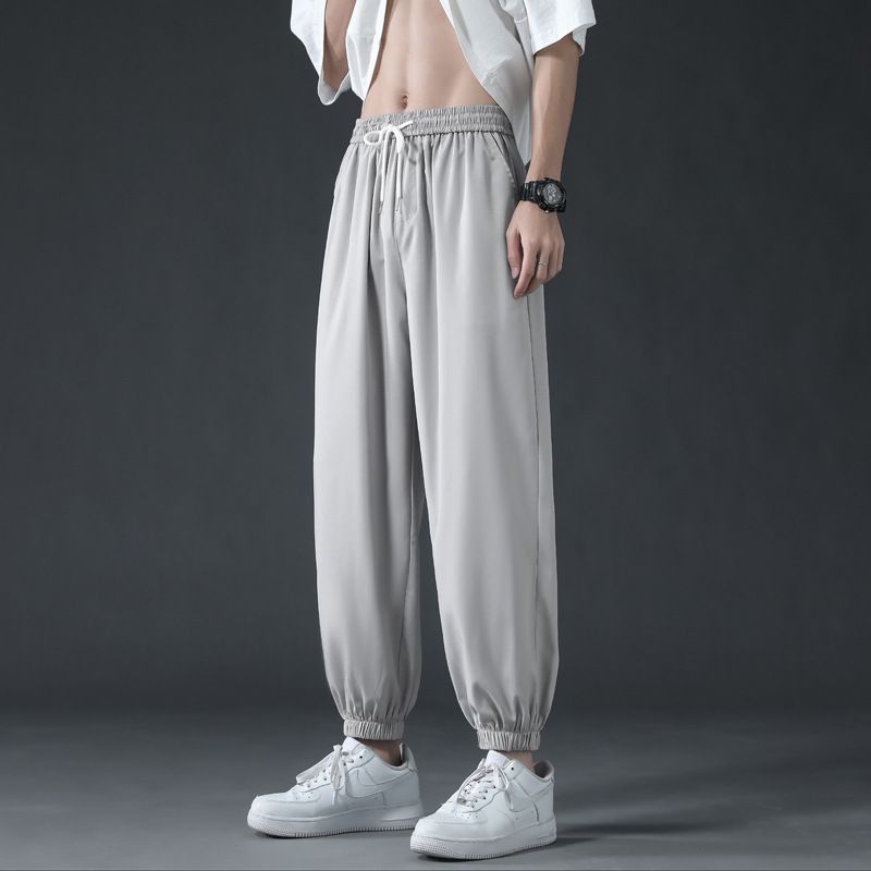 Men's summer straight-leg ice silk trousers, solid color, simple, loose, large size, draping, floor-length pants, Hong Kong style.