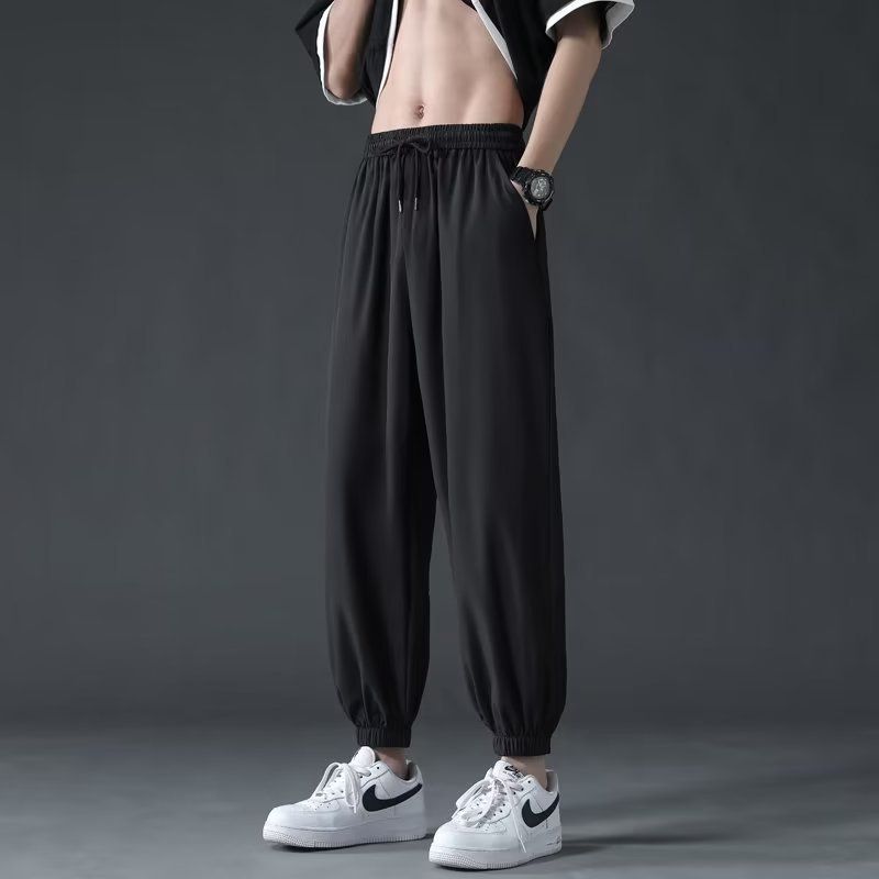 Men's summer straight-leg ice silk trousers, solid color, simple, loose, large size, draping, floor-length pants, Hong Kong style.