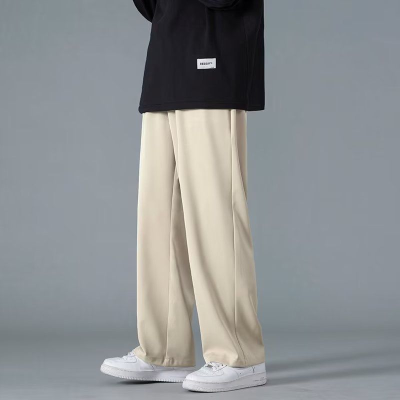 Men's summer straight-leg ice silk trousers, solid color, simple, loose, large size, draping, floor-length pants, Hong Kong style.