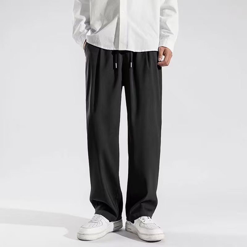 Men's summer straight-leg ice silk trousers, solid color, simple, loose, large size, draping, floor-length pants, Hong Kong style.