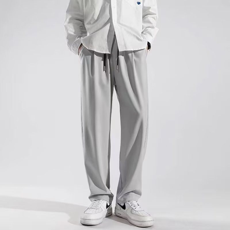 Men's summer straight-leg ice silk trousers, solid color, simple, loose, large size, draping, floor-length pants, Hong Kong style.