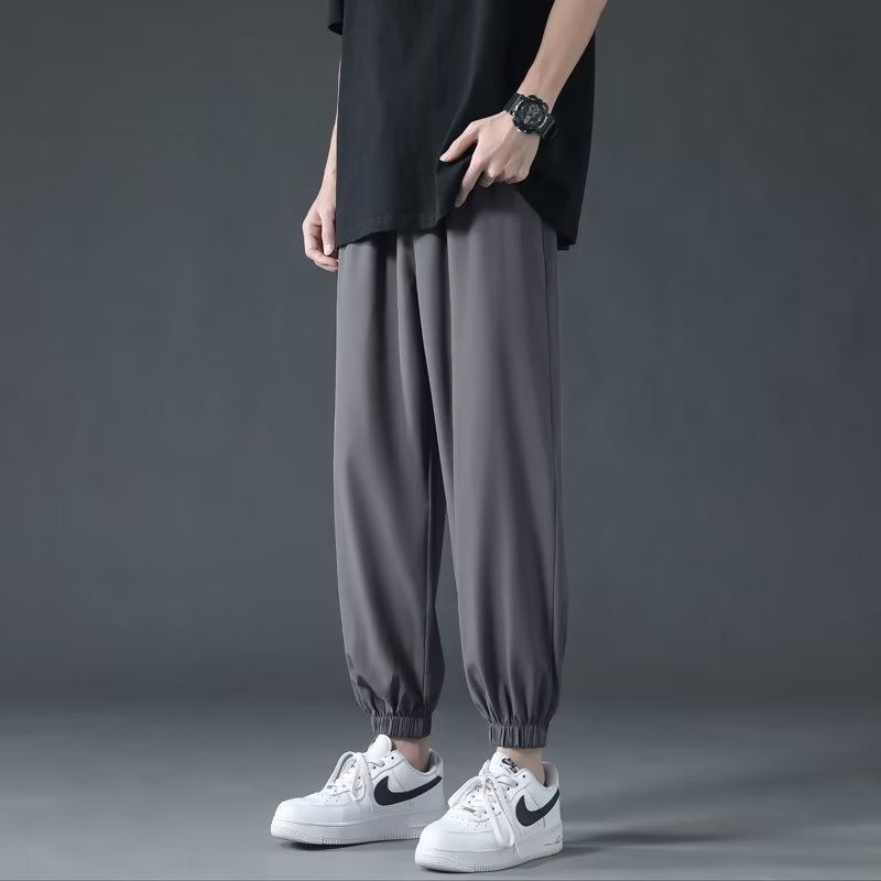 Men's summer straight-leg ice silk trousers, solid color, simple, loose, large size, draping, floor-length pants, Hong Kong style.