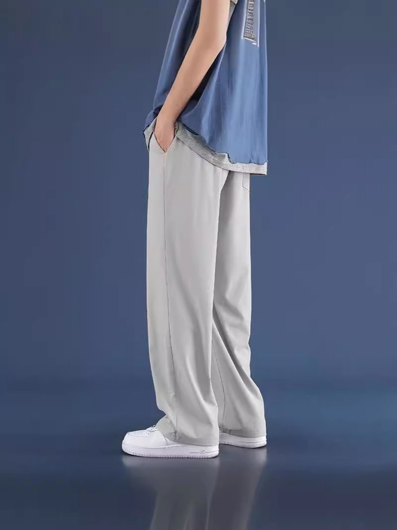 Men's summer straight-leg ice silk trousers, solid color, simple, loose, large size, draping, floor-length pants, Hong Kong style.