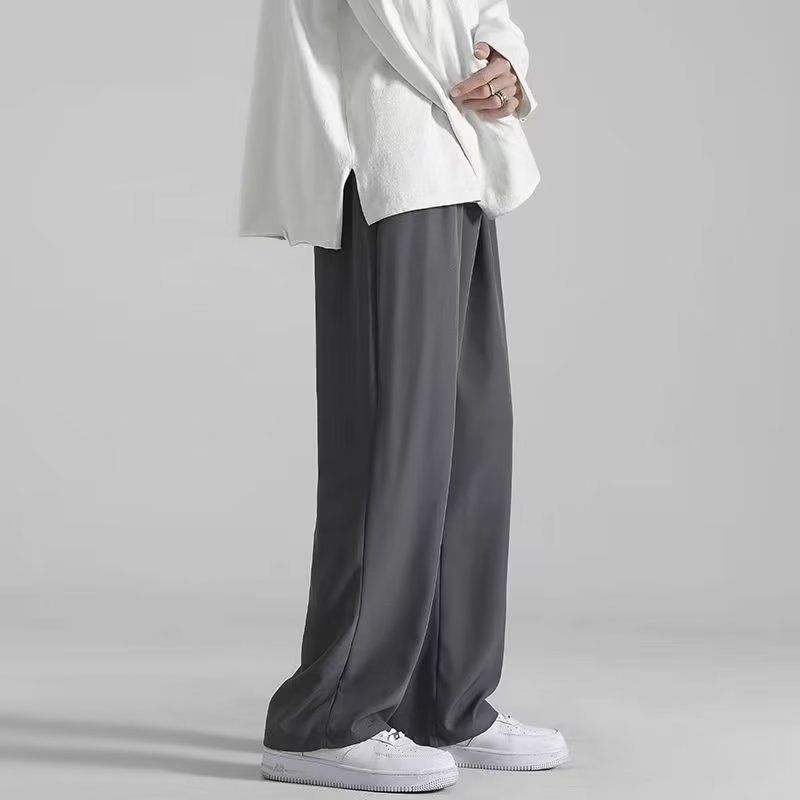 Men's summer straight-leg ice silk trousers, solid color, simple, loose, large size, draping, floor-length pants, Hong Kong style.