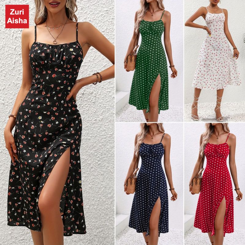 Sexy Cross-Over Split Hem Floral Print Strap Dress for Women, Summer 2026 New Arrival, Cross-Border Export, European and American Style, Amazon Fashion Item