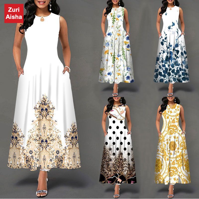 European and American sleeveless long dresses, women's positioning, printed large hem dresses, bohemian retro Long skirt
