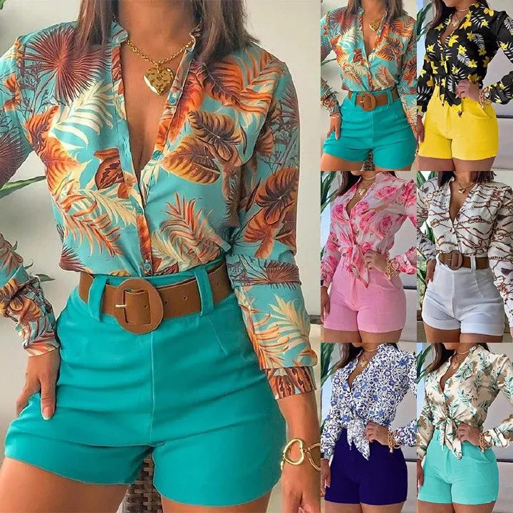 2 pcs 2026 New Long-Sleeved Shirt and Shorts Women's Set with Light and Sophisticated Digital Printing, Stand-Up Collar Long-Sleeved Shirt, Shorts for Women