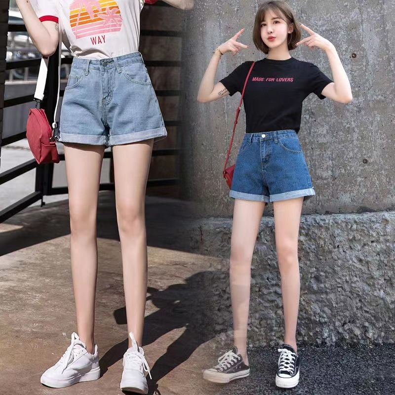 High-waisted black denim short pants for women in summer, with rolled edges, loose and comfortable, slimming and A-shaped wide-leg pants, hot pants, Korean style trendy